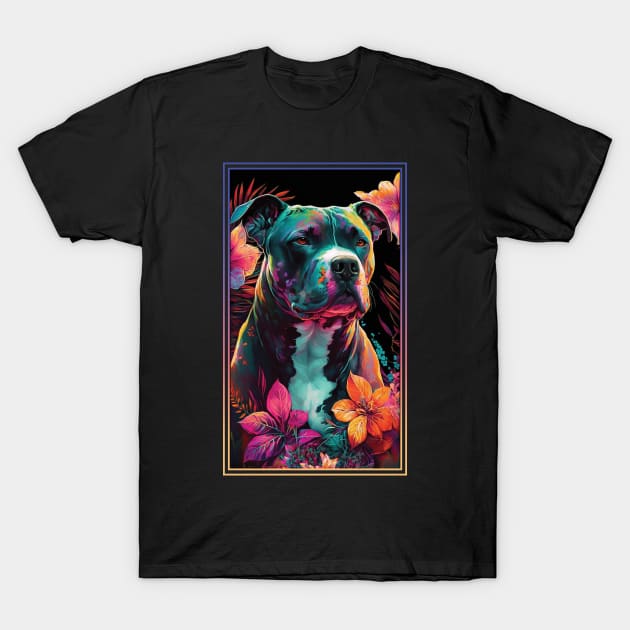 American Staffordshire Terrier Pitbull Vibrant Tropical Flower Tall Digital Oil Painting Portrait  6 T-Shirt by ArtHouseFlunky